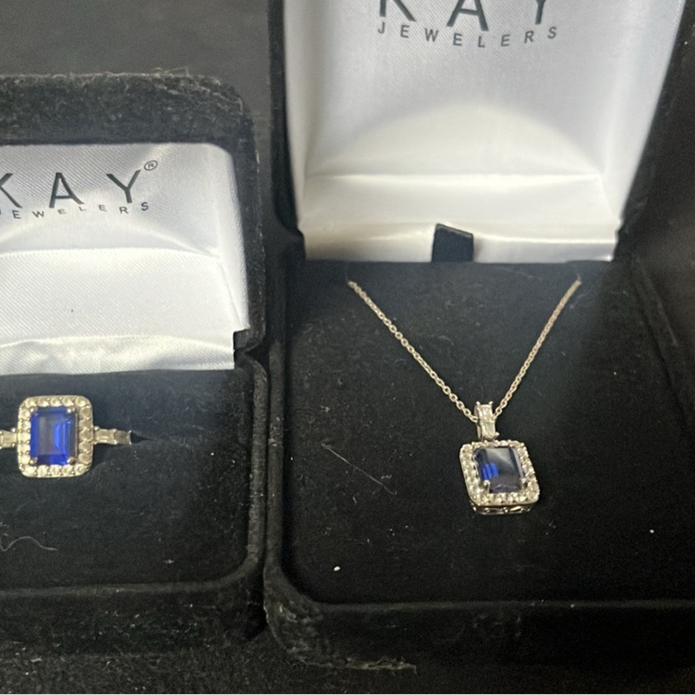 Kay Jewelers Sapphire Blue and Silver Ring with Necklace - Picture 1 of 6
